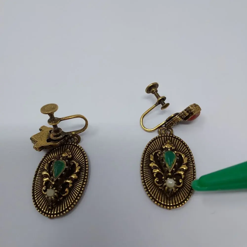 Vintage Victorian Revival Earrings Dangle Aged Gold Tone Gemstones Screw Back